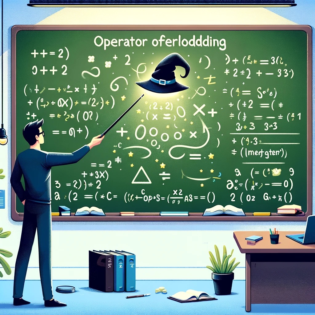 An illustration of operator overloading in programming. A person stands in front of a blackboard filled with various mathematical symbols and equations, holding a magic wand and transforming the symbols to demonstrate different meanings in different contexts. The blackboard shows symbols like '+', '-', '*', '/', with examples of overloaded operators for addition (integers), concatenation (strings), and merging (lists). The modern classroom setting includes coding references such as laptops and books.